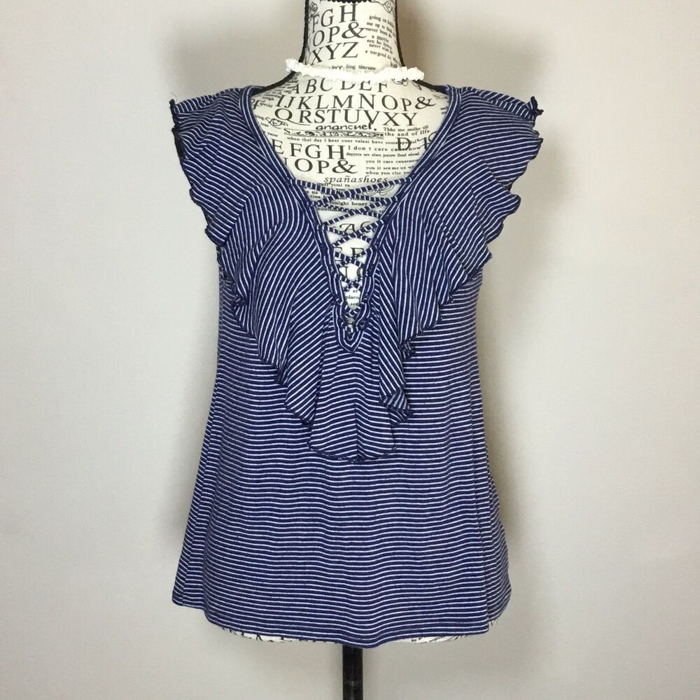 Sleeveless ruffle lace up top white blue stripes stretchy soft coastal Cowgirl S